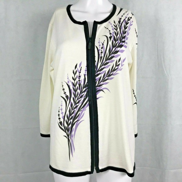 Bob Mackie Cardigan Women Sz S Cotton Blend White Purple Floral Full Zip Sweater - Picture 1 of 10